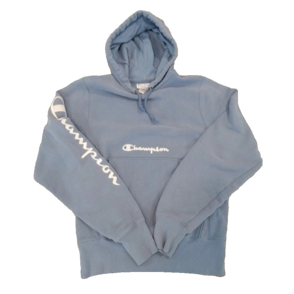 Vintage Champion Reverse Weave Hoodie Blue Sweatshirt Logo Mens Sz Med Y2K